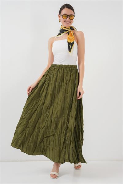 Uzun Kırışık Etek 8042 - Haki