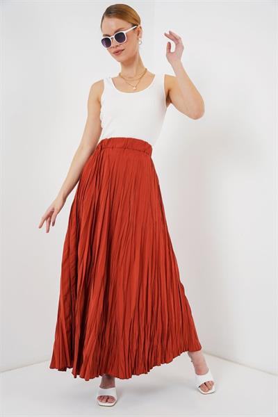 Uzun Kırışık Etek 8042 - Kiremit