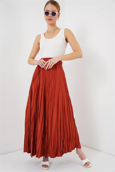 Uzun Kırışık Etek 8042 - Kiremit