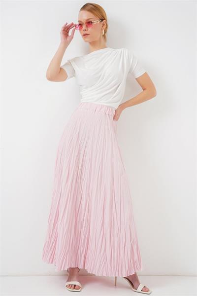 Uzun Kırışık Etek 8042 - Pudra