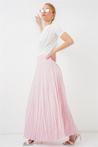 Uzun Kırışık Etek 8042 - Pudra