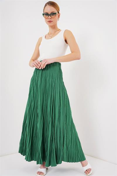 Uzun Kırışık Etek 8042 - Zümrüt Yeşili
