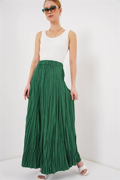 Uzun Kırışık Etek 8042 - Zümrüt Yeşili