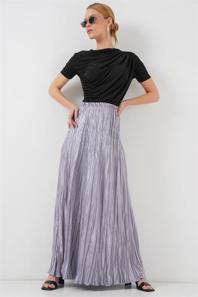 Uzun Kırışık Parlak Etek 8034 - Gri