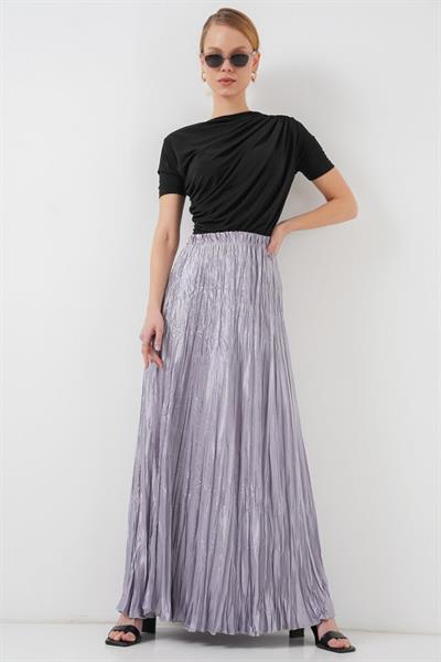 Uzun Kırışık Parlak Etek 8034 - Gri
