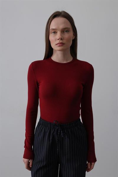 Uzun Kol Crop Top - Bordo