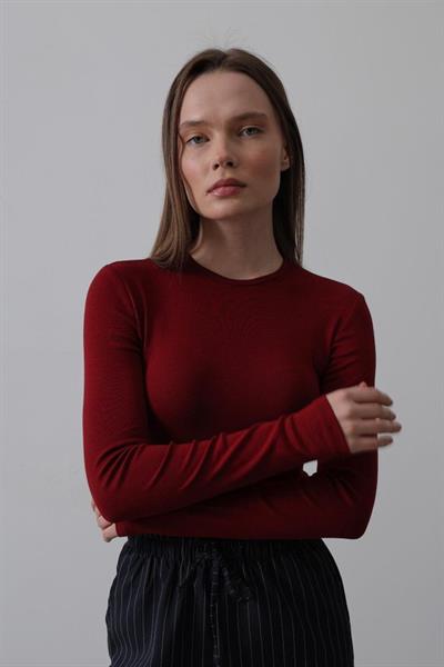 Uzun Kol Crop Top - Bordo