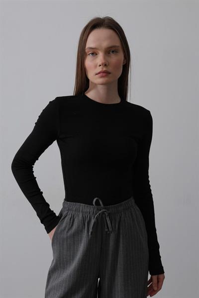 Uzun Kol Crop Top - Siyah