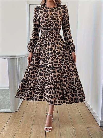 Uzun Kollu Bisiklet Yaka Leopar Desenli Midi Süprem Elbise