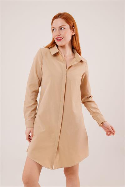 Uzun Kollu Camel Tunik Gömlek Elbise