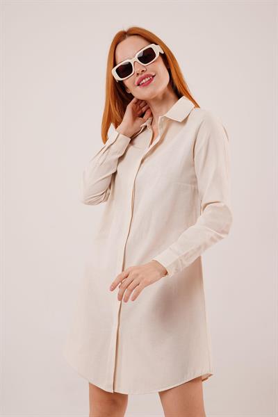 Uzun Kollu Ekru Tunik Gömlek Elbise