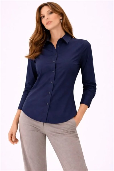 Uzun Kollu Gömlek Düğmeli Klasik Yaka Günlük Ve Ofis Şıklığına Uygun - Lacivert