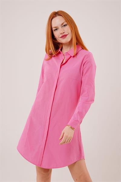 Uzun Kollu Koyu Pembe Tunik Gömlek Elbise