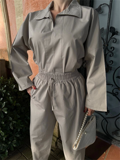 Uzun Kollu Yakalı Gömlek Pantalon Takım- Gri
