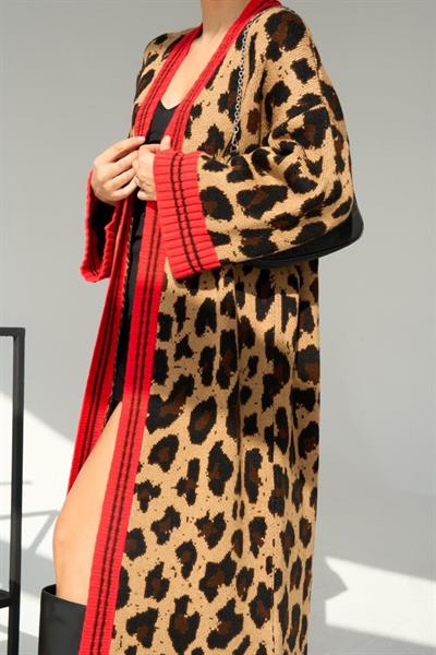 Uzun Leopar Hırka - Camel-Kırmızı