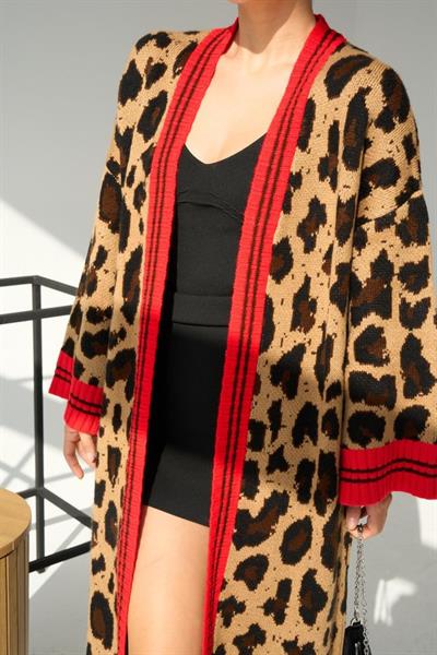 Uzun Leopar Hırka - Camel-Kırmızı