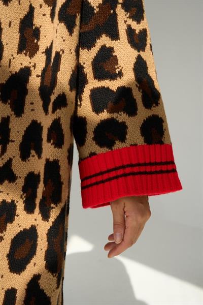 Uzun Leopar Hırka - Camel-Kırmızı