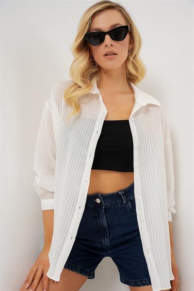 Uzun Oversize Gömlek 20320 - Beyaz