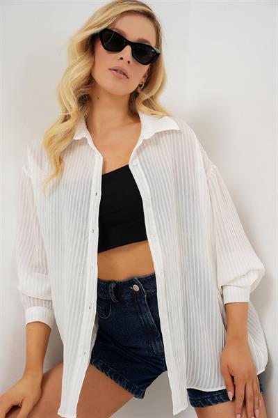 Uzun Oversize Gömlek 20320 - Beyaz