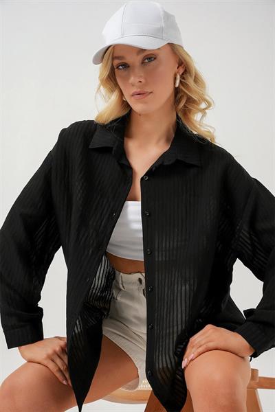 Uzun Oversize Gömlek 20320 - Siyah