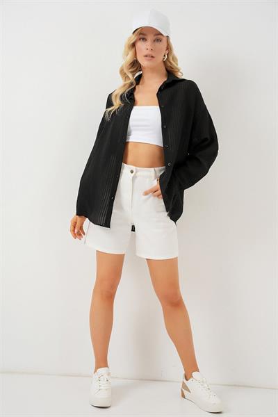 Uzun Oversize Gömlek 20320 - Siyah