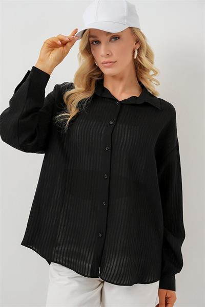 Uzun Oversize Gömlek 20320 - Siyah