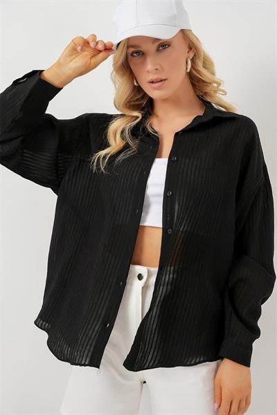 Uzun Oversize Gömlek 20320 - Siyah