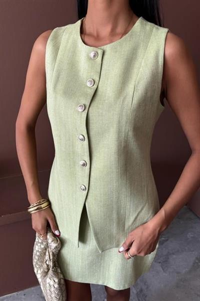 Uzun Yelek Mini Etek Flamlı Keten Takım 10148