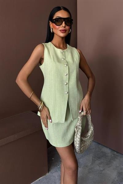 Uzun Yelek Mini Etek Flamlı Keten Takım 10148