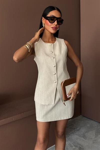 Uzun Yelek Mini Etek Flamlı Keten Takım 10148