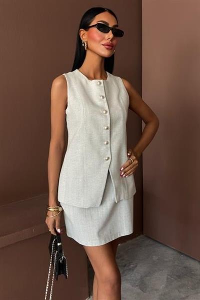 Uzun Yelek Mini Etek Flamlı Keten Takım 10148