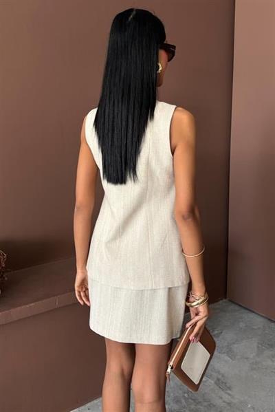 Uzun Yelek Mini Etek Flamlı Keten Takım 10148