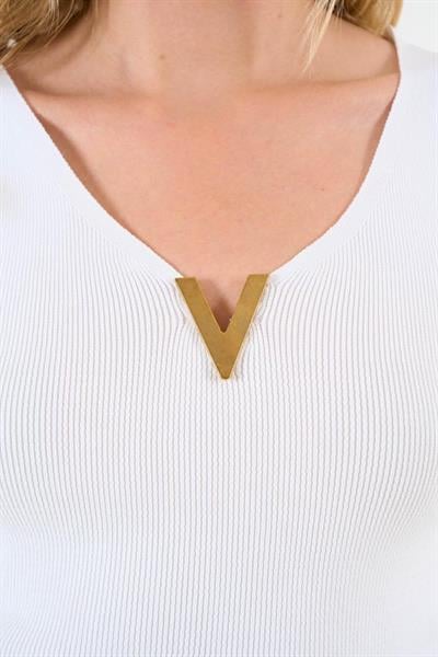 V Aksesuarlı Triko Atlet - Beyaz