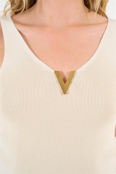 V Aksesuarlı Triko Atlet - Krem