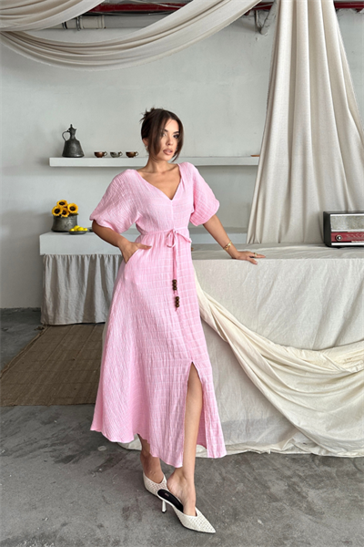 V YAKA BEL BONCUK BAĞLAMALI MÜSLİN ELBİSE YIRTMAÇ DETAYLI - Pembe