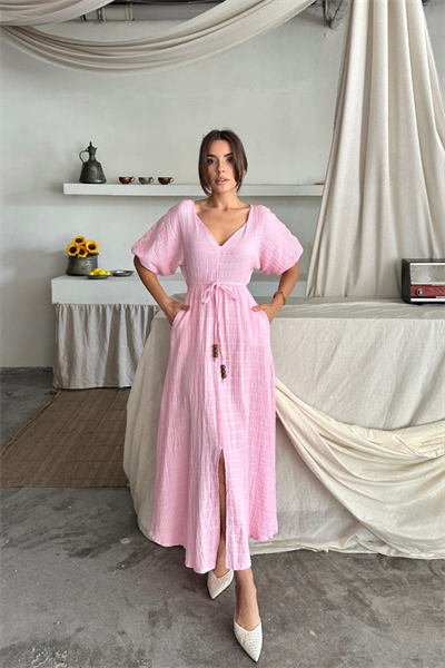 V YAKA BEL BONCUK BAĞLAMALI MÜSLİN ELBİSE YIRTMAÇ DETAYLI - Pembe