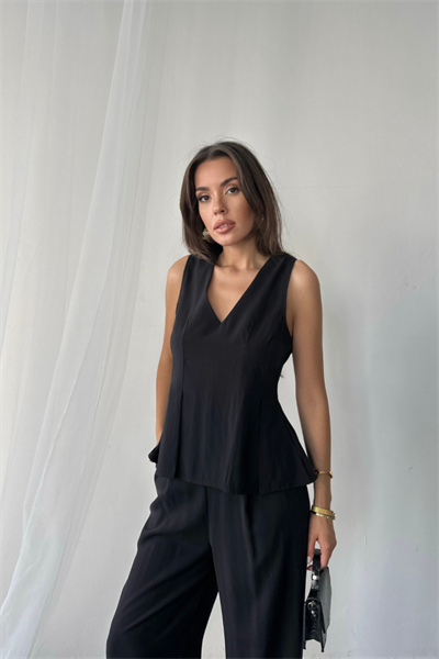 V YAKA KOLSUZ BLUZ - PANTOLON TAKIM MODAL KUMAŞ - Siyah