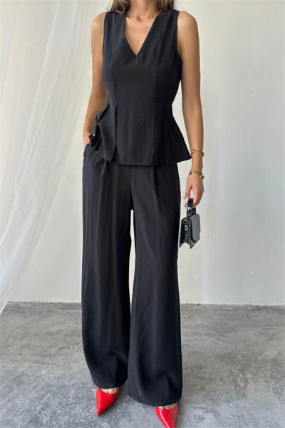 V YAKA KOLSUZ BLUZ - PANTOLON TAKIM MODAL KUMAŞ - Siyah