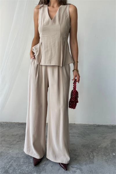 V YAKA KOLSUZ BLUZ - PANTOLON TAKIM MODAL KUMAŞ - Bej