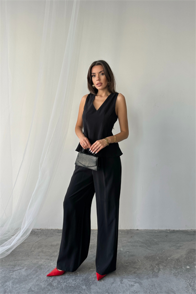 V YAKA KOLSUZ BLUZ - PANTOLON TAKIM MODAL KUMAŞ - Siyah