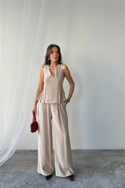 V YAKA KOLSUZ BLUZ - PANTOLON TAKIM MODAL KUMAŞ - Bej