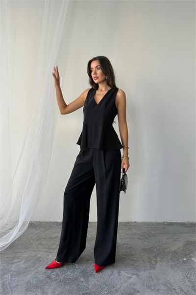 V YAKA KOLSUZ BLUZ - PANTOLON TAKIM MODAL KUMAŞ - Siyah