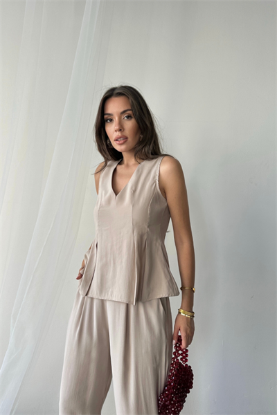 V YAKA KOLSUZ BLUZ - PANTOLON TAKIM MODAL KUMAŞ - Bej