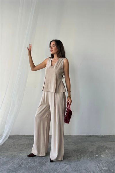 V YAKA KOLSUZ BLUZ - PANTOLON TAKIM MODAL KUMAŞ - Bej