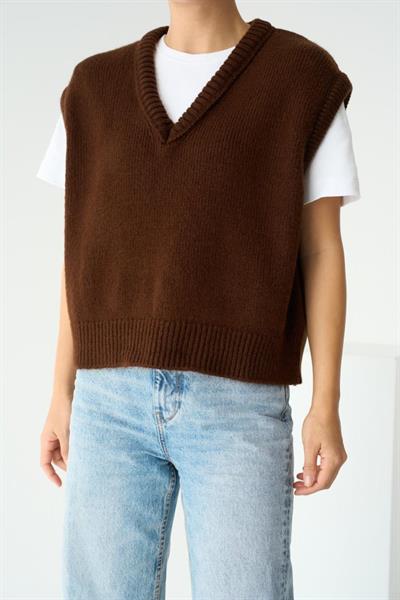 V Yaka Düz Süveter - Acı Kahve