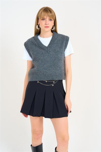 V Yaka Düz Süveter - Antrasit