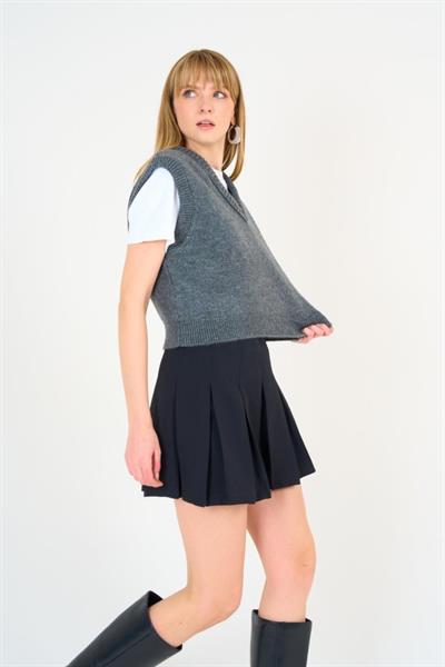 V Yaka Düz Süveter - Antrasit