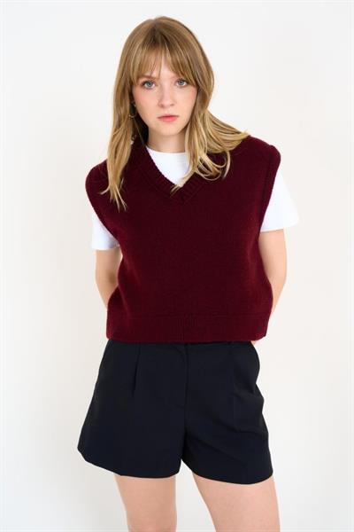 V Yaka Düz Süveter - Bordo