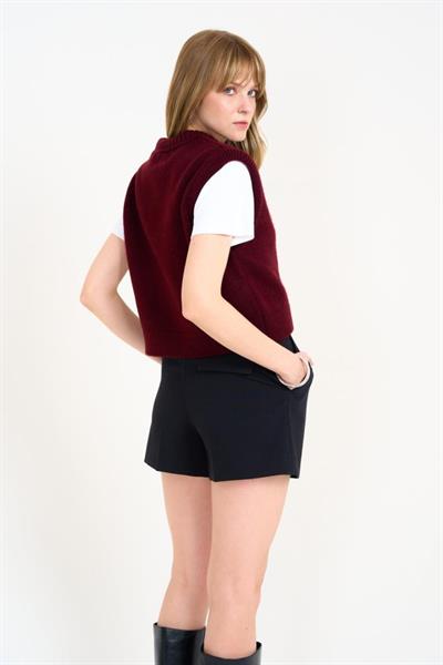 V Yaka Düz Süveter - Bordo