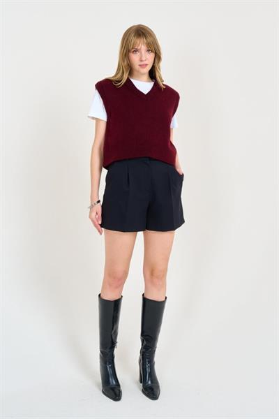V Yaka Düz Süveter - Bordo